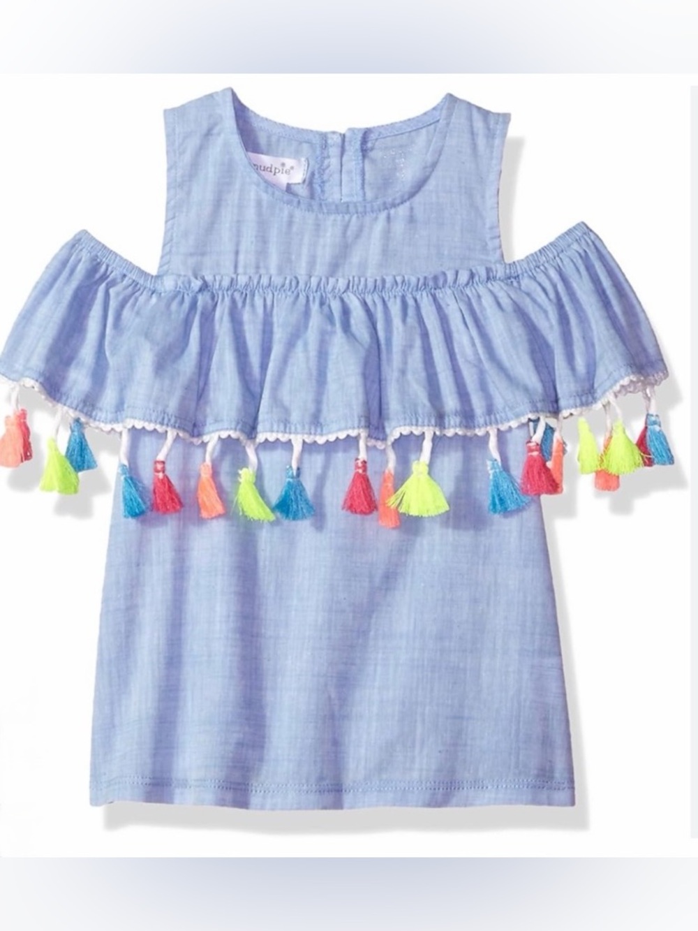Girls Chambray Cold-Shoulder Top with Colorful Tassels Mud Pie size 4T-5T